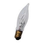 Halco CFTC7.5 2005 7.5W Flame CL CAND 130V bulb, clear flame-shaped incandescent light bulb with a screw base.