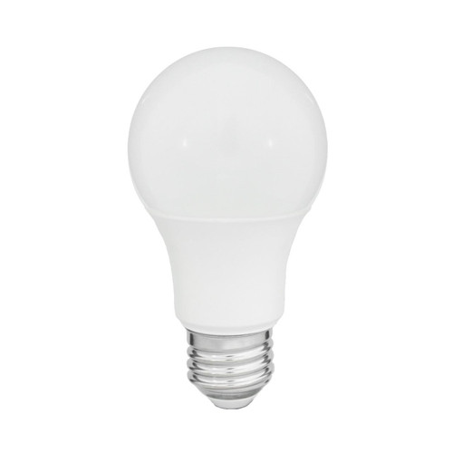 Eiko 8W 800LM A15 80CRI 3000K Plastic Frosted Dimmable E26, image of a frosted LED light bulb with E26 base and modern design.