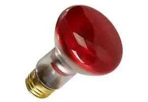 Halco R20 Reflector Flood Incandescent Bulb 50W 2700K Medium (E26) Base 130V Red Dimmable, red R20 flood light bulb with metal base and rounded reflector design.