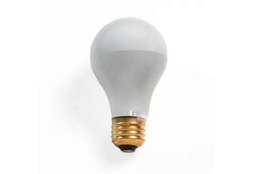 Halco A19 Incandescent Silver Bowl Bulb 60W 2700K Medium (E26) Base 130V Frosted Dimmable, close-up of the frosted white incandescent light bulb with a gold screw base.