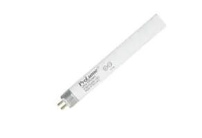 Halco Fluorescent F4 T5 Tube 6in 4W 4100K Miniature Bi-Pin Base Preheat Start Non-Dimmable 3150 Lumens Avg Life 6000 hrs, close-up of a white T5 fluorescent tube with bi-pin base for energy-efficient lighting