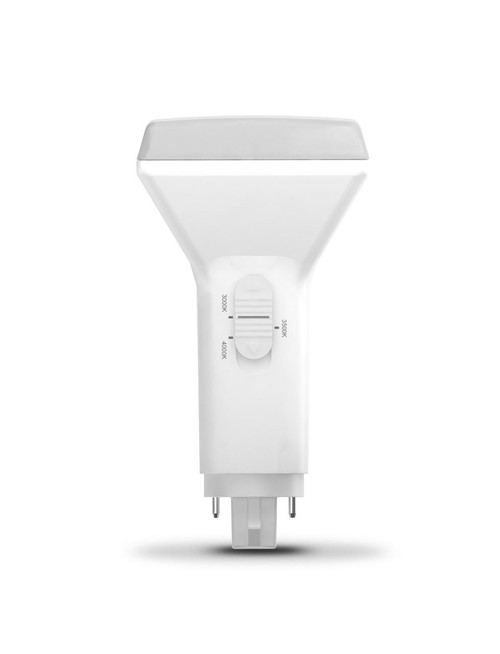 Eiko 9.5W 1120lm PLC Type A Plastic 80CRI 30/35/40K Dimmable Vertical G24q, LED light bulb with adjustable color temperature and high CRI in a white plastic housing.