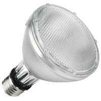 Halco CDM70/P30L/FL/942 67026 70W CDM PAR30L 942 FL E26, close-up of the energy-efficient spotlight bulb with a screw E26 base and a clear, textured glass lens.