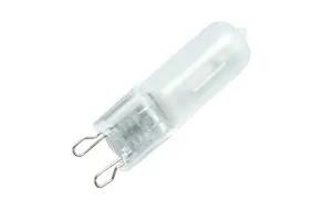 Halco JCD Type Halogen T4 Bulb, close-up of the 25W 130V G9 base halogen bulb showing clear glass and filament design.