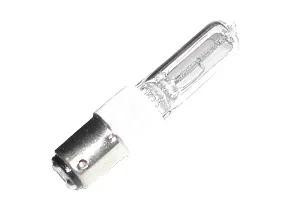 Halco Q100CL/DC/120 127025 120V 100W T4 BA15D PRISM, clear cylindrical light bulb with metal base and transparent glass body.