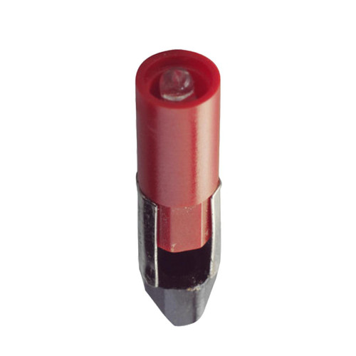 Eiko 110-130VAC T-2 Slide #5 WHITE, close-up of a red and black electrical component with a cylindrical shape and a small transparent section at the top.