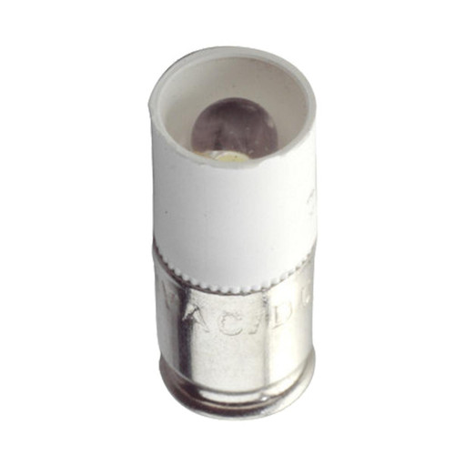 Eiko 24-28VAC/DC T1-3/4 MIDGET GROOVE WHITE, white insulated electrical connector with threaded metal base.