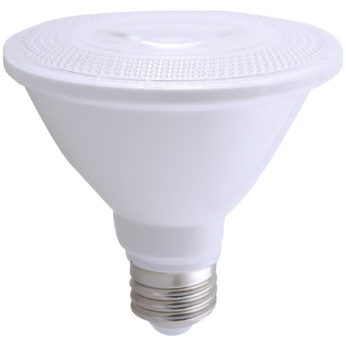 Eiko LED PAR30 Short Flood 40 Degree 11W - 850lm Dimmable 2700K 80+CRI 120VAC E26, white LED spotlight bulb with a standard screw base and a narrow 40-degree beam angle.