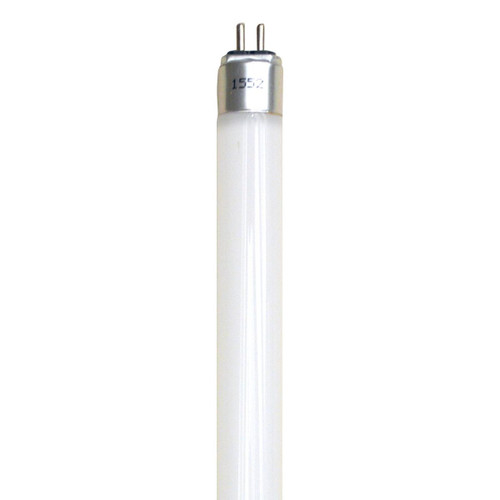 Eiko Glass Direct Fit T5 2FT 11W-1350LM 3500K 80+CRI LitespanLED, close-up of the white fluorescent tube light with silver end caps and two metal pins for installation.