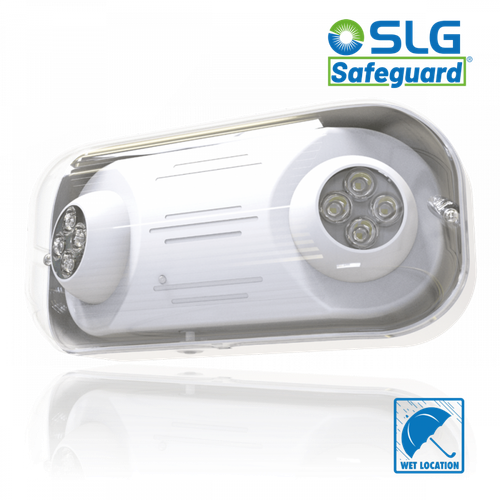 SLG 120-277Vac Thermpolastic built-in heads EM light with PC water proof enclosure, LiFePO4 battery 3.2V1500mAH, manual test, Wet location, ta 5 to 50 degree, white color, 220lm outpout, manual testing (Under testing)