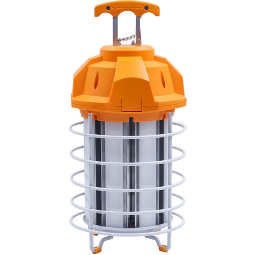 Eiko LED Temporary Work Light Connectable 150W 18,000lm NON-DIM 5000K 80+CRI HOOK BASE 120VAC, orange and metal portable work light with protective cage and hook for construction or industrial use.