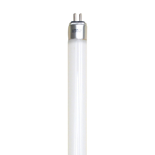 Eiko GLASS DIRECT FIT T5 4FT 25W-3500LM 4000K 80CRI, close-up of the fluorescent light tube with a white glass body and metallic base.