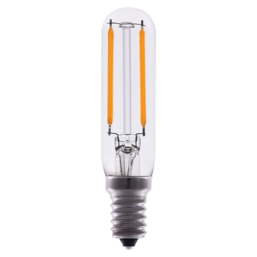 Eiko LED Advantage Filament T6 320 Deg, 2W-120lm, Dimmable, 80CRI, 2700K, E12, 120VAC, clear elongated light bulb with filament design for residential lighting.