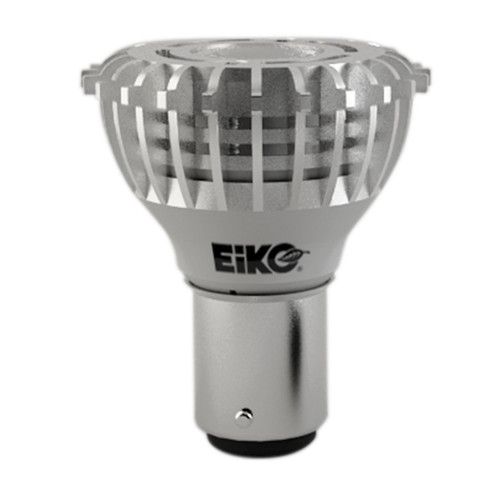 Eiko LED GEN5 GBF BA15D, 30 deg beam, 3W, 125lm, Non-Dimmable, 4000K, 75 CRI, 12V DC/AC LED bulb with a metallic base and a protective grille design.
