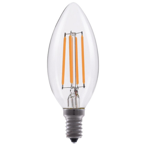 Eiko LED Advantage Filament B11 320 Deg light bulb, Clear, 4W-500lm, Dimmable, 80CRI, 2700K, E12, 120VAC, with filament design visible inside the transparent glass