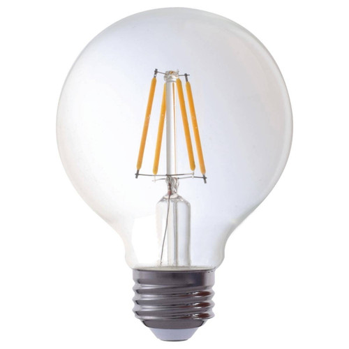 Eiko LED Advantage Filament G25 320 Degree, 4.5W-470lm, Dimmable, 80CRI, 2700K, E26, 120VAC Clear light bulb, with visible filament inside.