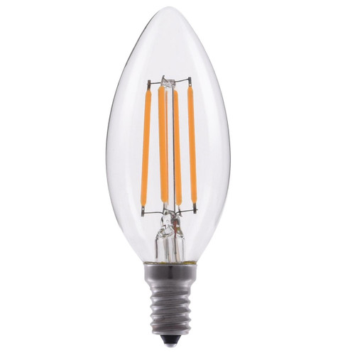 Eiko LED Advantage Filament B11 320 Deg, 4W-300lm, Dimmable, 80CRI, 2700K, E12, 120VAC Clear - close-up of a clear LED filament bulb with a sleek white body and orange LED filaments inside, showcasing a modern design.