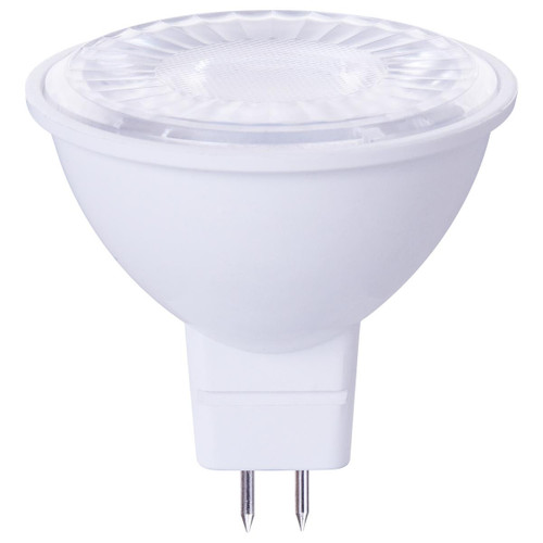 Eiko LED MR16 FLOOD 40 DEGREE BEAM 7W-500LM DIMMABLE 3000K 80CRI 12V, image of a white LED flood light bulb with a clear lens and two metal pins for GU5.3 socket.