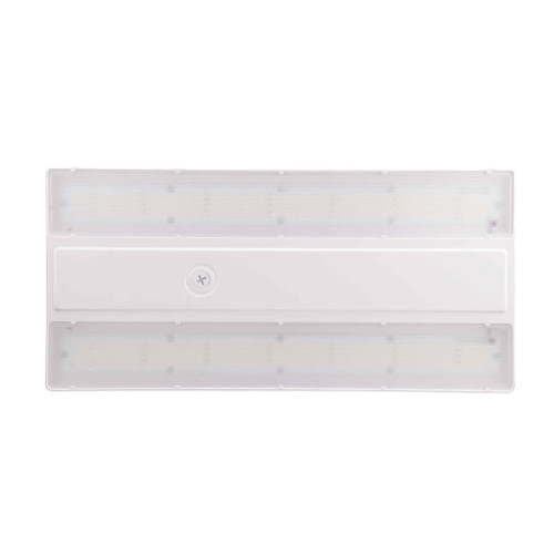 Eiko LH1 Linear High Bay, 240W, 5000K, 277-480V, Dimming - a white elongated LED light fixture for high bay lighting, featuring a slim rectangular design with multiple LED strips and a central control panel.