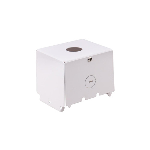 Eiko LH1 and LHS1 Pendant Mount Kit, white rectangular enclosure with mounting hole and screw for lighting fixture installation.