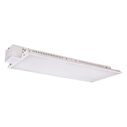 Eiko LHS1 Linear High Bay, LED lighting fixture with integrated control socket, 90/75/60/50W power options, 40/50K color temperature, 120-347V voltage, and 0-10V DIM compatible.