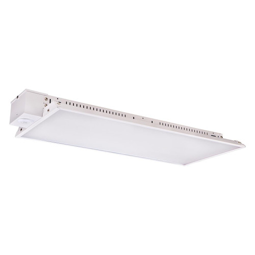 Eiko LHS1 Linear High Bay, LED lighting fixture with integrated control socket, 90/75/60/50W power options, 40/50K color temperature, 120-347V voltage, and 0-10V DIM compatible.
