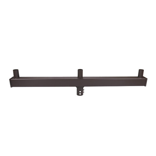 Eiko 3 Light In-Line, Round-Square-Round Bracket, Pipe Diameter 2-3/8\", End Caps Included, Bronze, wall-mounted lighting fixture with bronze finish and three pipe outlets.