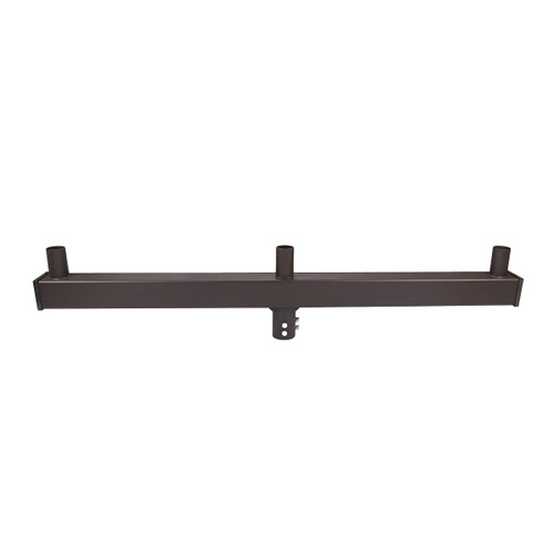 Eiko 3 Light In-Line, Round-Square-Round Bracket, Pipe Diameter 2-3/8", End Caps Included, Bronze, wall-mounted lighting fixture with bronze finish and three pipe outlets.