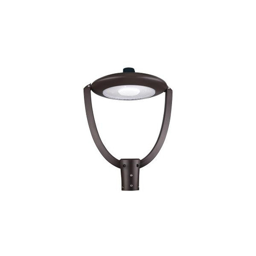 Eiko Pole Top, PowerSet 150/125/100W, ColorSet 3000K/4000K/5000K, 120-347V, 0-10V Dimming street lighting fixture with a round LED lamp and black pole mount.