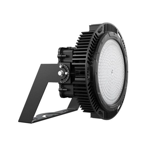 Eiko Signal 600W 70CRI 4000K 277V-480V 0-10V Dimming Glass Lens, industrial LED floodlight with black heat sink and adjustable mounting bracket.