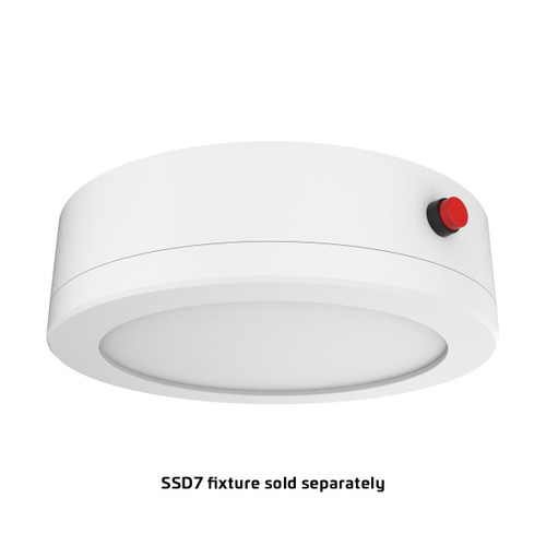 Eiko Slim Surface Downlight 7IN Battery Backup Accessory, round white light fixture with a red emergency button on its side.