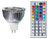 Westgate Manufacturing RGB MR16, LED light bulb with a reflective silver exterior and a remote control with various color and brightness options.