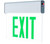 Westgate Manufacturing LED EDGELIT EXIT SIGN W. B/C S, illuminated green EXIT sign with a white background and a mounted emergency power source with test button.