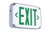 Halco Emergence LED Wet Cold Location Exit Sign, illuminated green \'EXIT\' sign with white housing and dual arrows, designed for 90-minute life safety, featuring self-diagnostics and universal single/double face options.