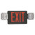 Eiko Exit Sign Red with Emergency Light Black Housing, LED illuminated emergency exit sign with dual side lights for safety and visibility.