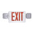Eiko Exit Sign Red with Emergency Light, White Housing, illuminated emergency exit indicator with side LED lights for safety and visibility.