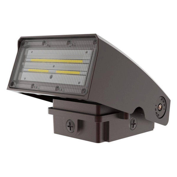 Eiko Adjustable Wallpack, outdoor bronze wall-mounted LED fixture with 1560 lumens, 12 watts, 70CRI, 5000K daylight color temperature, and dimmable feature.