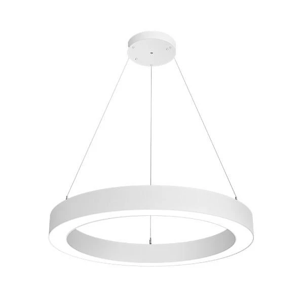 Alphalite LIR Series Architecture Circular LED Pendant Light, white modern circular architectural lighting fixture with adjustable color temperature and dimming features.