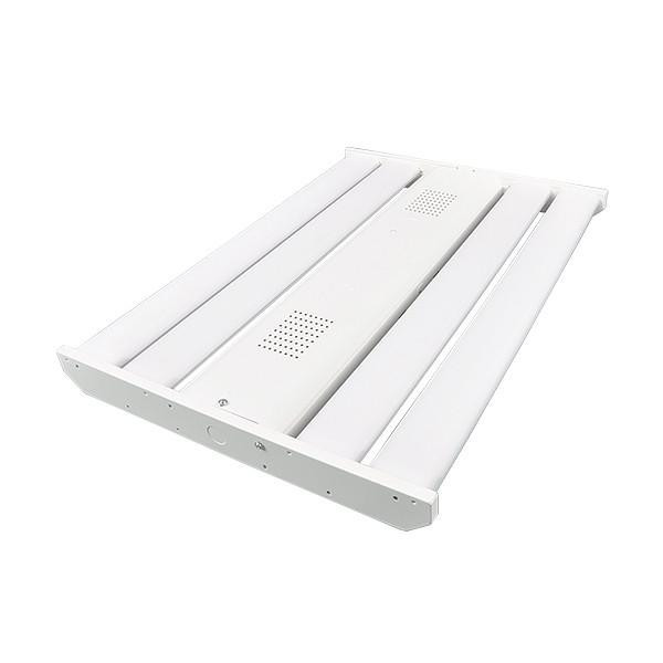 Alphalite HEB Series, High Efficacy 150lm/w LED High Bay light fixture with 7 years warranty, 70,000 hours rated life, DLC5.1 Premium certification, high transmission clear 90° optic, V-hook included, 0-10V dimming, 120-277V input, 82+ CRI, 2 feet length, and 141W power consumption.
