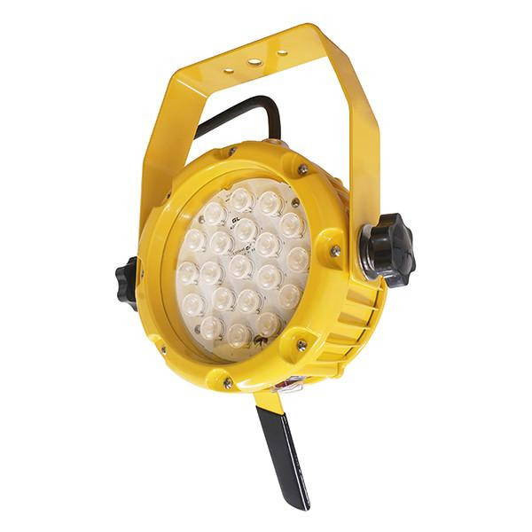 Alphalite DKL Series LED Dock Light, yellow industrial lighting fixture with multiple LED bulbs, magnetic plate mount for versatile installation, 30W, 3415 lumens, rated for wet locations, 120-277V input, 5-year warranty, 50,000 hours rated life.
