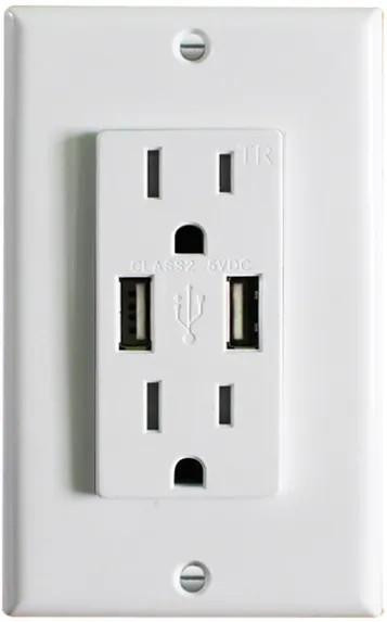 Westgate Manufacturing Decorative USB Charger/Tamper-Resistant Duplex Receptacle, white electrical outlet with two USB ports and tamper-resistant slots.