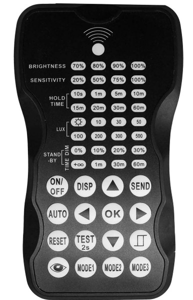 Westgate Manufacturing Remote Control For Motion Sensors, black remote control with multiple buttons for adjusting brightness, sensitivity, hold time, lux, stand-by time, and mode settings.