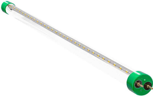 Westgate Manufacturing LED T8-EZ5 Glass Tube Lamps, 10W, 5000K - T8-EZ6-GS-2FT-10W-50K-C, a long LED glass tube with yellow LEDs and green end caps for energy-efficient lighting.