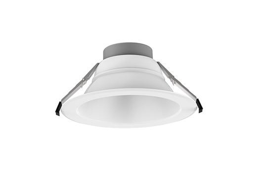 Alphalite, ASDL-10-40A/8A LED Commercial Downlight with adjustable 5 CCT and wattage, 0-10V dimming, 120-277V input, 80+ CRI, 120° beam angle, wattage options of 40, 35, 30, 26, and 22W, with 120 Lumens per watt, shown from a front view.