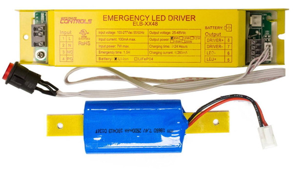 Westgate Manufacturing LED Emergency 2PC Backup System, emergency battery backups with yellow control module and blue battery pack.