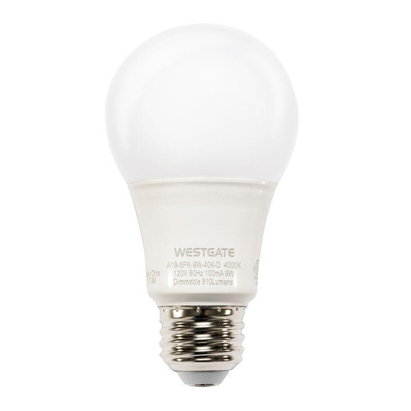 Westgate Manufacturing A19 LED Lamps, 120V, 790 Lumens, 240D, 15K HRS, 5000K UL, case of 40, energy-efficient LED light bulb with standard screw base for industrial and commercial lighting.