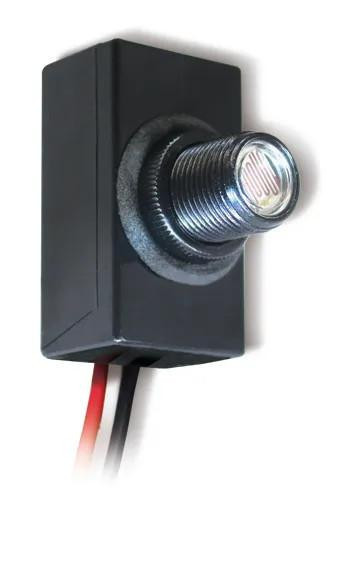 Westgate Manufacturing Dusk-to-Dawn Photocell Light Switches, BUTTON PHOTOCELL, 120VAC, 50 - close-up of the black rectangular device with a protruding round photocell sensor and connected wires