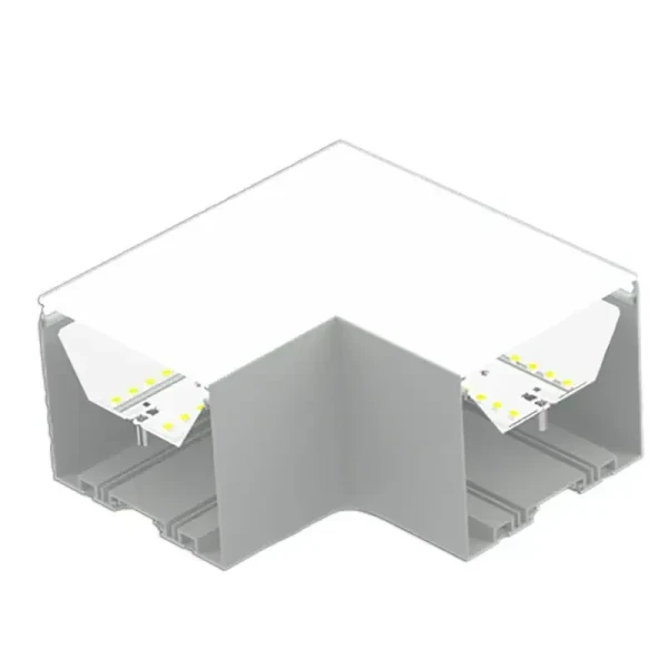 Westgate Manufacturing LED 4-inch Superior Architectural Seamless Linear Light Corner Fixture - SCX4-L-MCT4, image showing a sleek, white, seamless corner LED light fixture designed for architectural lighting applications.
