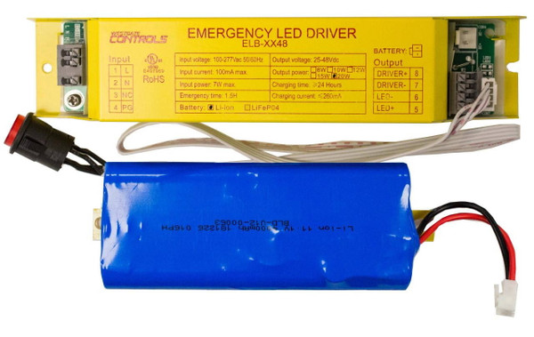 Westgate Manufacturing INTEGRATED 50-150VDC 20W Li-Io, Emergency Battery Backups, with yellow control module and blue lithium-ion battery for emergency power backup in electronic systems.