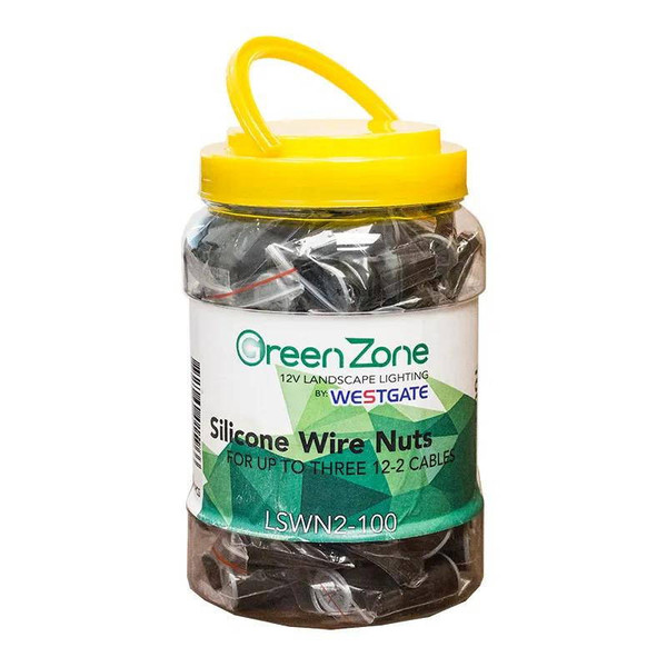Westgate Manufacturing Jar of 100 Waterproof Wire Connectors for up to three 12-2 cables, yellow-lidded package with silicone wire nuts inside.